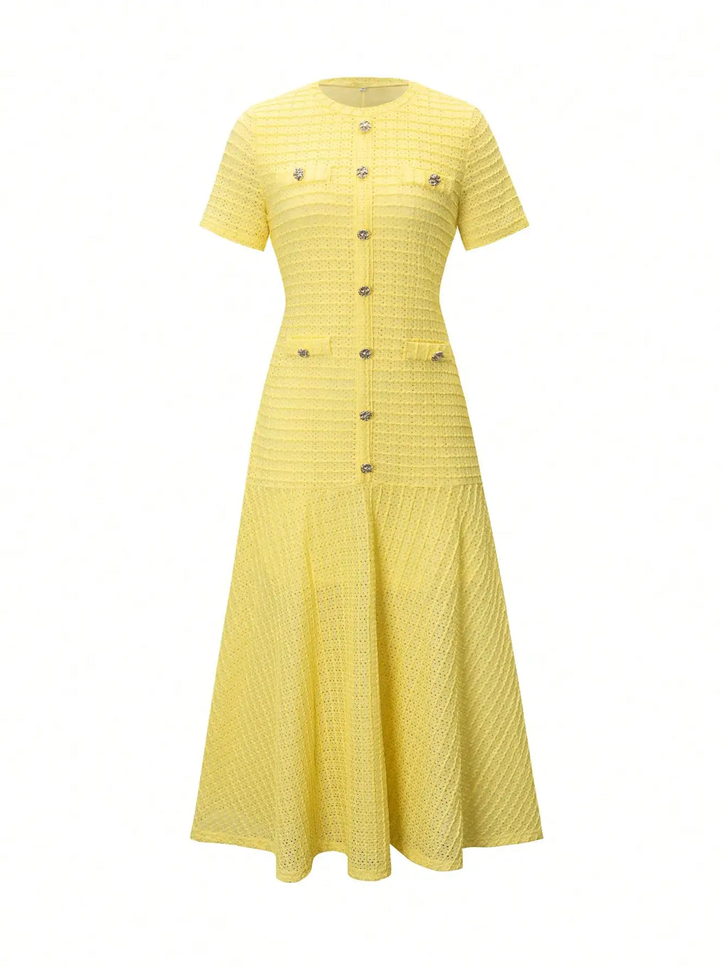Yellow Textured Knit Midi Dress with Front Buttons and Faux Pockets