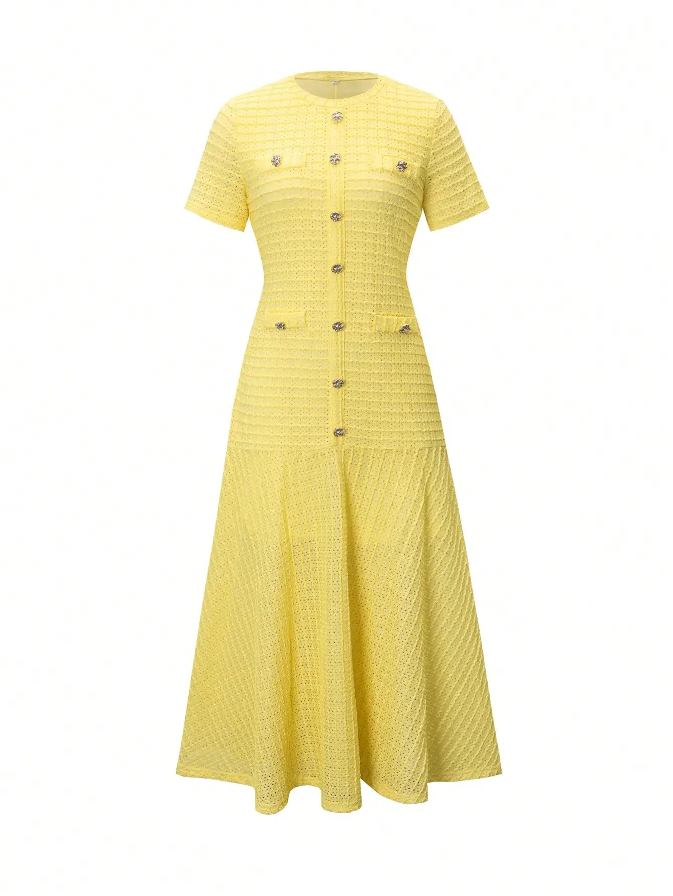 Yellow Textured Knit Midi Dress with Front Buttons and Faux Pockets