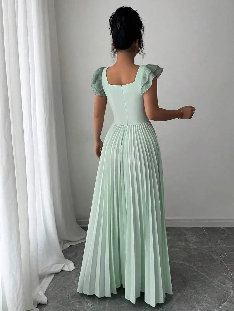 Elegant Mint Green Square Neck Ruffled Sleeve Pleated Maxi Dress