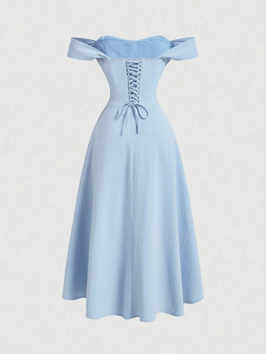 Light Blue Off-Shoulder Corset-Style Midi Dress with Bow Sleeves