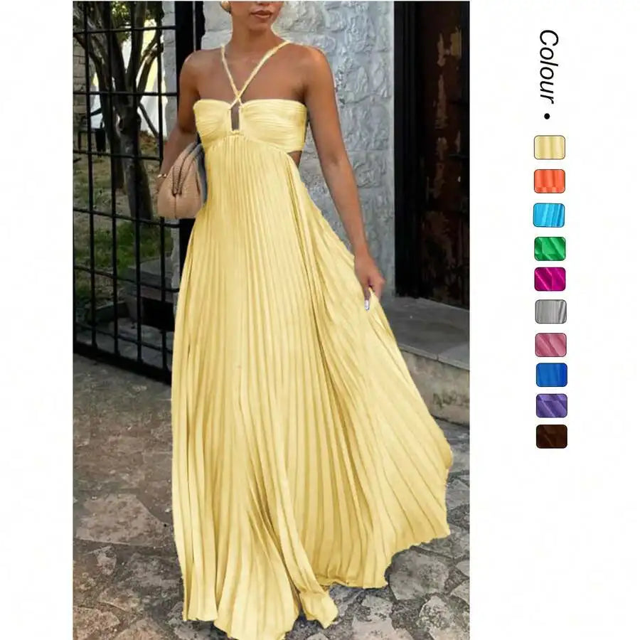 Women's Pleated Maxi Dress with Spaghetti Straps, Low Backless, Flowy Beach Sundress