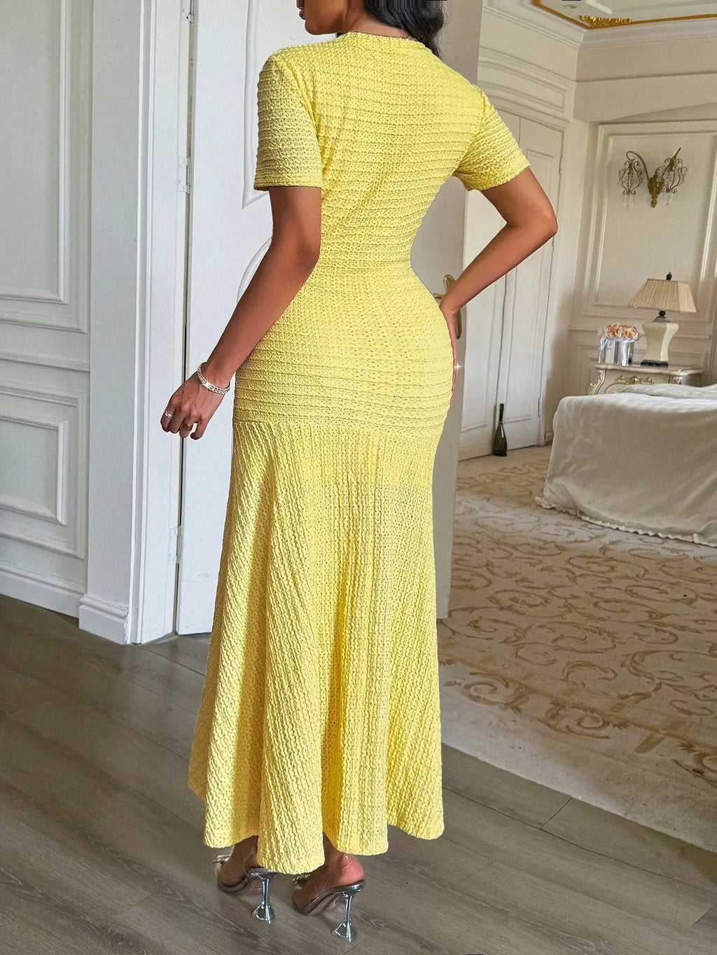 Yellow Textured Knit Midi Dress with Front Buttons and Faux Pockets