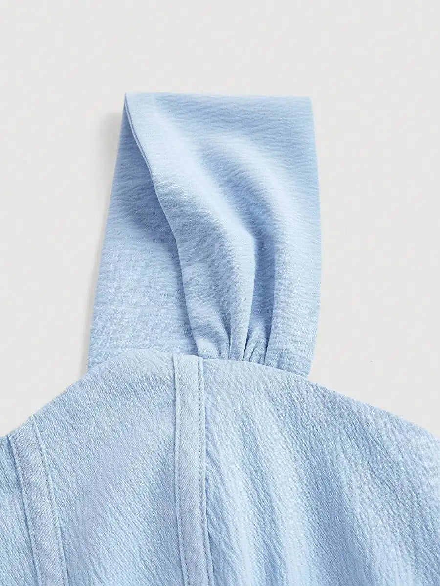 Light Blue Off-Shoulder Corset-Style Midi Dress with Bow Sleeves