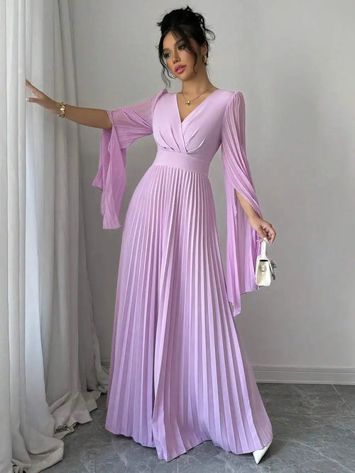 Lavender V-Neck Pleated Maxi Dress with Bell Sleeves Elegant Formal Gown