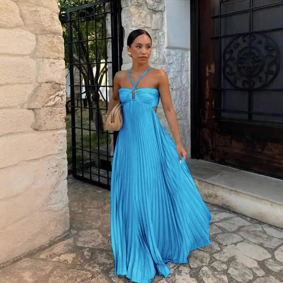 Women's Pleated Maxi Dress with Spaghetti Straps, Low Backless, Flowy Beach Sundress